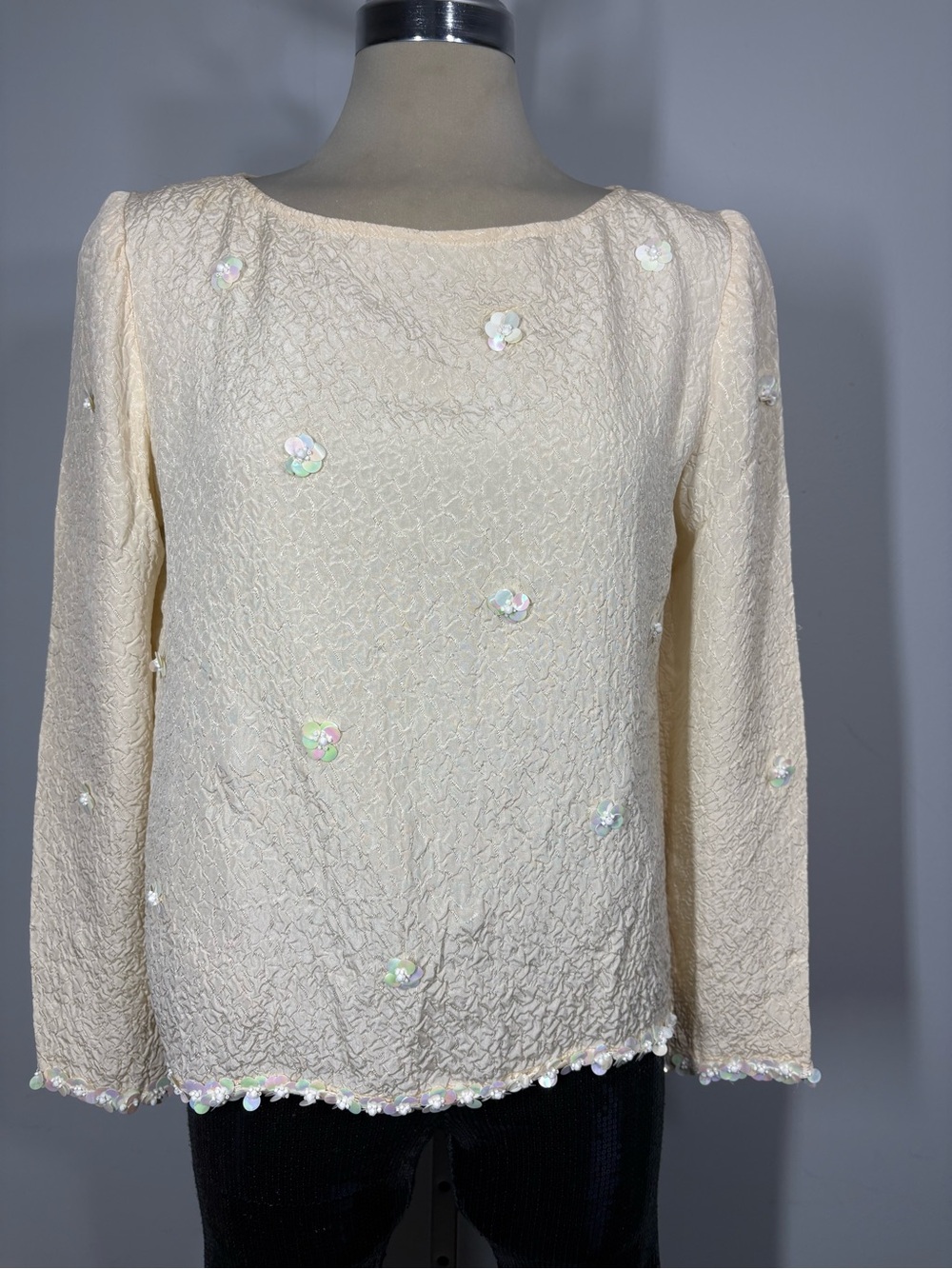 Cream Sequin Flower-Embellished Long Sleeve Top